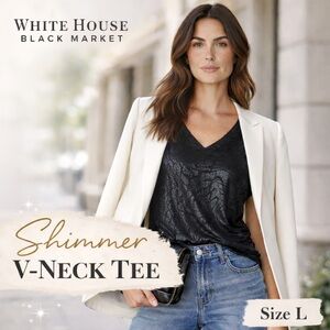 White House Black Market Shimmer V-Neck Power Tee Black Sz L Elegant Stretch Top